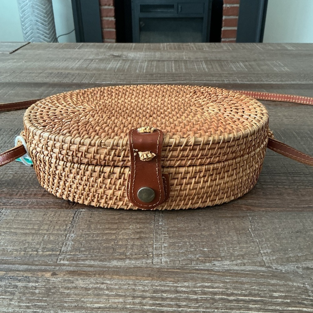 Brown Woven Wicker Rattan Crossbody Bag Gingham Fabric